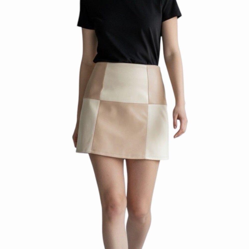 Hollister Women's Faux Leather Mini Skirt M Ultra High-Rise Tan Cream Colorblock